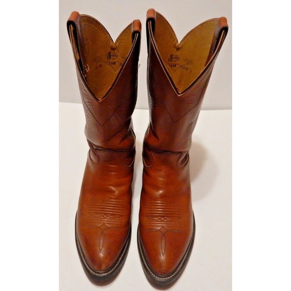 Justin Boots Style 1108 Men's Size 10 Cognac Leather Western Roper Made in USA
